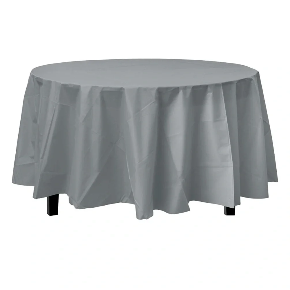 Silver Round Plastic Tablecloth 84” Party Table Cover